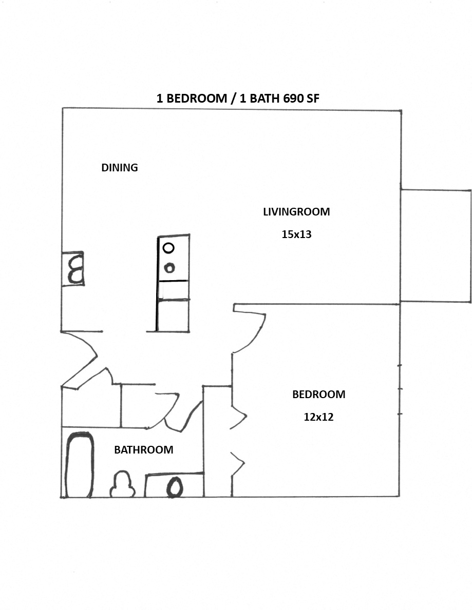 Floor plan for 1 bed, 1 bath, 870 sqft